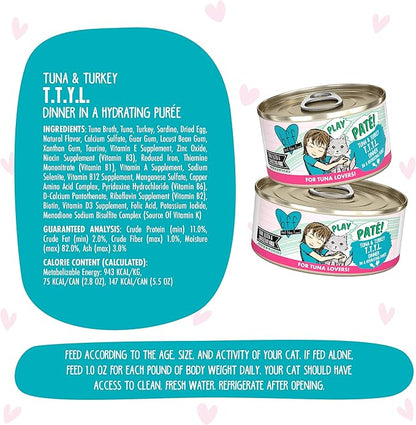 Weruva B.F.F. Play - Best Feline Friend Paté Lovers, Aw Yeah!, Tuna &amp; Turkey T.T.Y.L. with Tuna &amp; Turkey, 2.8oz Can (Pack of 12)