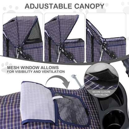 MoNiBloom 3 Wheels Pet Dog Cat Stroller for Small Medium Dogs Cats, Lightweight Foldable Jogger Stroller w/Storage Basket and Cup Holder, Plaid