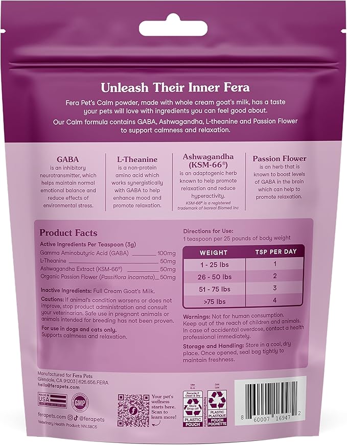 Fera Pets Goat Milk - Calming Supplement for Dogs &amp; Cats - Ashwagandha, L-Theanine, &amp; Passion Flower - Supports Anxiety Relief &amp; Relaxation - for Picky Eaters - 60 TSP