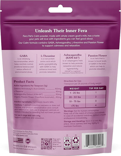 Fera Pets Goat Milk - Calming Supplement for Dogs &amp; Cats - Ashwagandha, L-Theanine, &amp; Passion Flower - Supports Anxiety Relief &amp; Relaxation - for Picky Eaters - 60 TSP