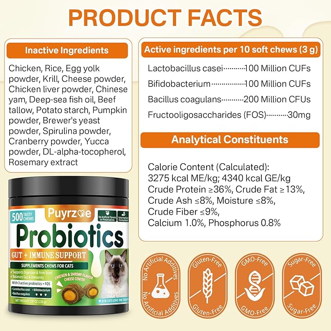 Cat Probiotics &amp; FOS, Gut + Immune Support - 500 Chews Crunchy &amp; Creamy Cheese Core, Probiotic for Digestive and Gut Health, Immunity, Constipation Relief for Cats Kittens - Chicken Shrimp