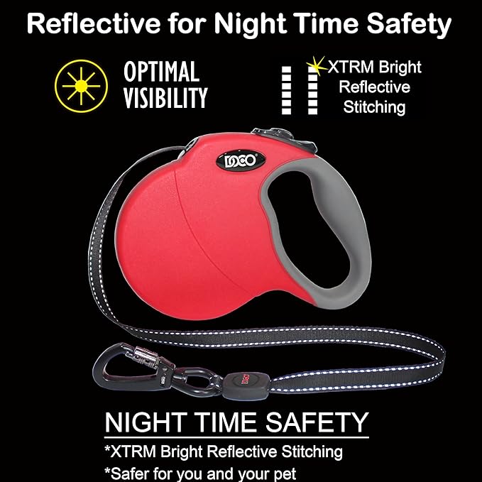 DOCO Retractable Dog Leash for Large Dogs (Length - 13ft, Weight - Upto 22lb) Reflective Tape Lead with Stop and Lock Control, Tangle Free 360° Swivel Snap &amp; Anti-Slip Grip (Red, Small)
