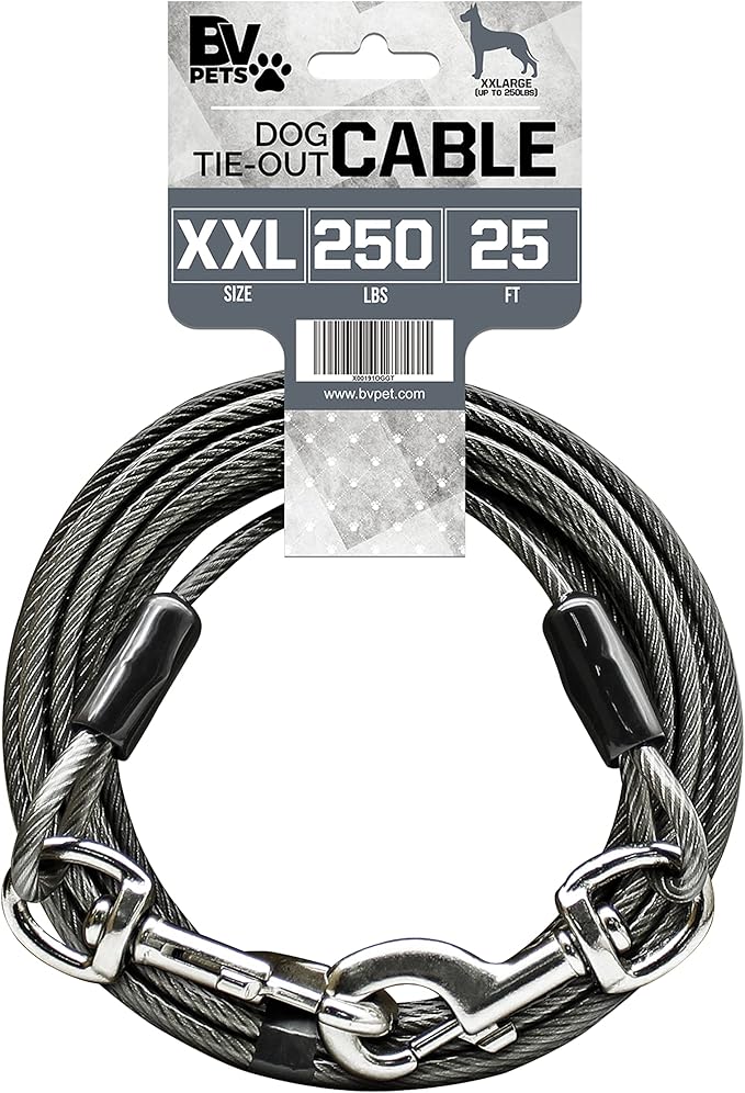 BV Dog Tie Out Cable 25 Feet - Heavy Duty Dog Lead Up to 250 Pounds - Reflective &amp; Rust-Free with Quick Release Swivel Clips &amp; 360° Rotating Clasp - Tangle-Free Dogs Runner for Yard (Grey, Single)