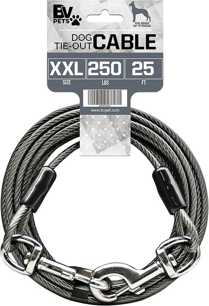 BV Dog Tie Out Cable 25 Feet - Heavy Duty Dog Lead Up to 250 Pounds - Reflective &amp; Rust-Free with Quick Release Swivel Clips &amp; 360° Rotating Clasp - Tangle-Free Dogs Runner for Yard (Grey, Single)