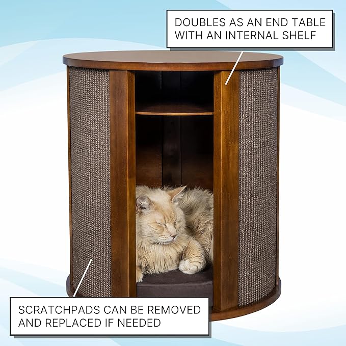 THE REFINED FELINE Purrrrfect End Table Cat Bed Cave in Mahogany Brown, Multipurpose Wood Cat Furniture Nightstand, Easy to Clean Covered Cat Bed with Replaceable Scratching Post &amp; Washable Cushion