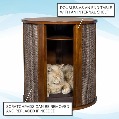 THE REFINED FELINE Purrrrfect End Table Cat Bed Cave in Mahogany Brown, Multipurpose Wood Cat Furniture Nightstand, Easy to Clean Covered Cat Bed with Replaceable Scratching Post &amp; Washable Cushion