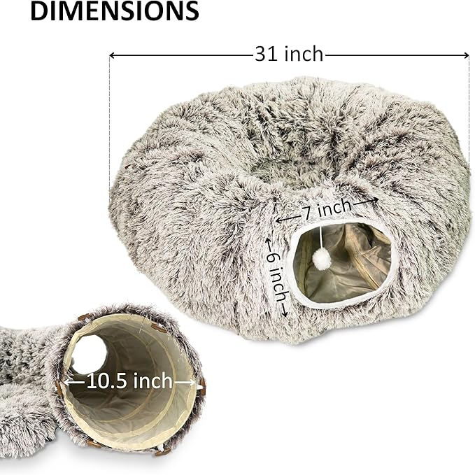 Cat Donut Bed with Washable Cushion – Cat Caves for Indoor Cats – Collapsible Donut Bed with Peekaboo Pet Tunnel Toy – Cozy Hideout for Kittens, Ferrets, Rabbits &amp; Dogs - Brown
