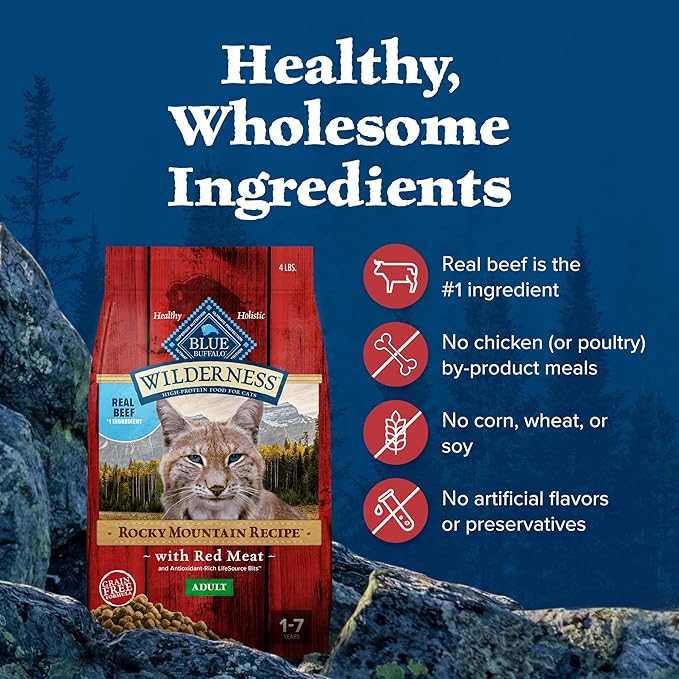 Blue Buffalo Wilderness Adult Dry Cat Food, Rocky Mountain Recipe, Chicken-Free &amp; Grain-Free Recipe Made with Natural Ingredients, Red Meat, 4-lb Bag