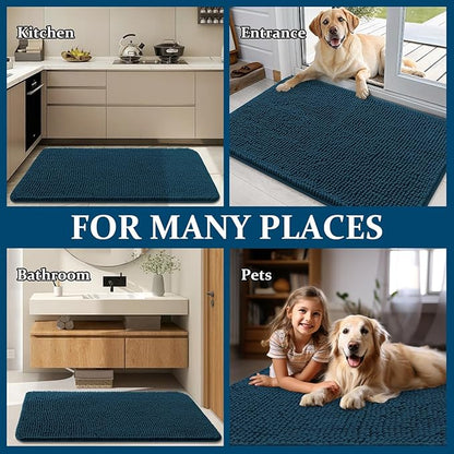 OLANLY Dog Door Mat Set 2-Piece 24x16, Absorbs Moisture and Dirt, Absorbent Non-Slip Washable Doormat, Quick Dry Chenille Mud Mat for Dogs, Entry Indoor Entryway Carpet for Inside Floor, Atlantic Blue
