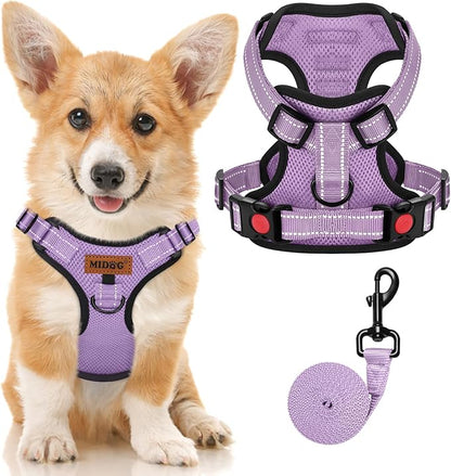 MIDOG No-Pull Dog Harness | Adjustable &amp; Reflective Pet Harness Leash Set for Small Medium Large Dogs Walking, Training| No Choke, Front Clip, Soft Padded Vest with Easy Control Handle - Purple, S