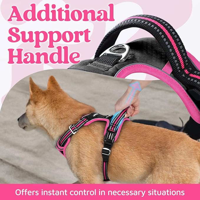 rabbitgoo Dog Harness for Large Dogs, No Pull Pet Vest with 3 Buckles, Adjustable Soft Padded Pet Harness with Easy Control Handle and Reflective Strips, Black &amp; Rose Pink, XL