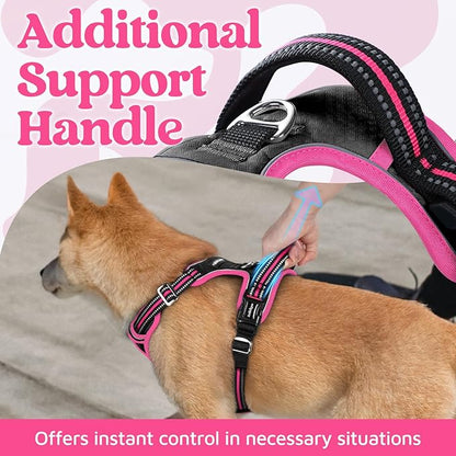 rabbitgoo Dog Harness for Large Dogs, No Pull Pet Vest with 3 Buckles, Adjustable Soft Padded Pet Harness with Easy Control Handle and Reflective Strips, Black &amp; Rose Pink, XL