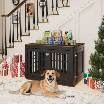 42" Heavy Duty Dog Crate Furniture for Small,Medium and Large Dogs,Rustic Wooden Dog Cage Kennel Indoor Furniture with Waterproof Top,Decorative Pet House Side End Table (Black &amp; Wood)