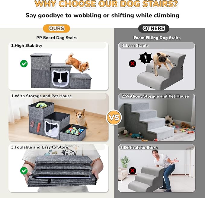 Bilibrara Dog Stairs for Small Dogs, Foldable Pet Steps for High Bed, Non-Slip 3-Step Cat Stairs with Storage, Condo and Fluffy Ball, Small Dog Indoor Ramp for Couch Window, 16&