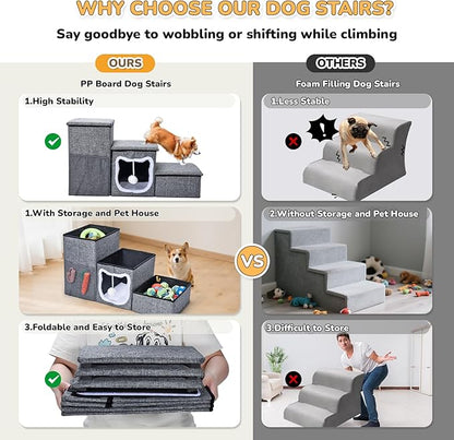 Bilibrara Dog Stairs for Small Dogs, Foldable Pet Steps for High Bed, Non-Slip 3-Step Cat Stairs with Storage, Condo and Fluffy Ball, Small Dog Indoor Ramp for Couch Window, 16&