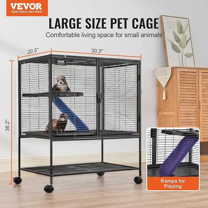 VEVOR 36" Rolling Metal Ferret Cage, Large 2-Tier Critter Nation Cage, Small Animal Cage with Ramps &amp; Tray, Easy to Set up for Pet Mice, Hamster, Guinea Pig, Chinchilla, Squirrel, Hedgehogs, Bunny