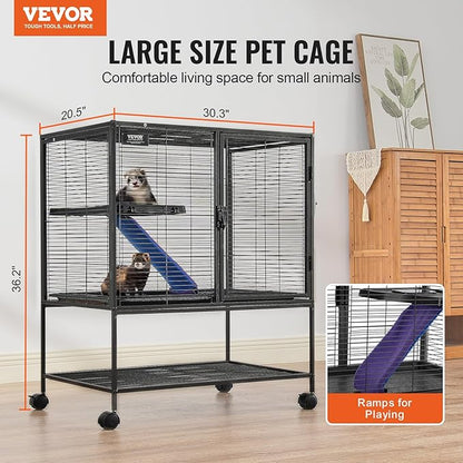 VEVOR 36" Rolling Metal Ferret Cage, Large 2-Tier Critter Nation Cage, Small Animal Cage with Ramps &amp; Tray, Easy to Set up for Pet Mice, Hamster, Guinea Pig, Chinchilla, Squirrel, Hedgehogs, Bunny
