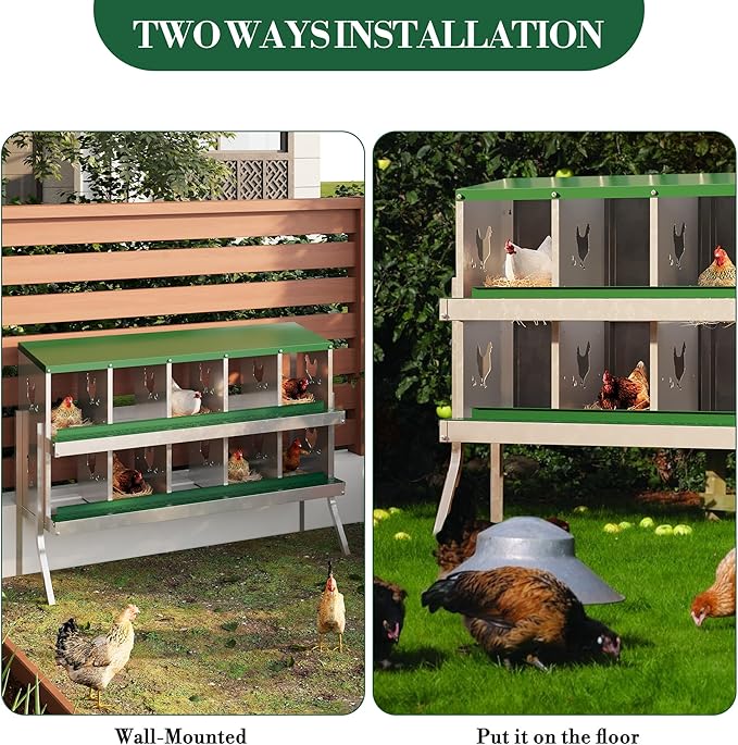 10 Hole Chicken Nesting Box with Roll Out Egg Tray, Rustproof &amp; Ventilated Chicken Laying Boxes for Hens, Chickens, Ducks | Easy-Clean Poultry Coop Accessories, Green with Stand