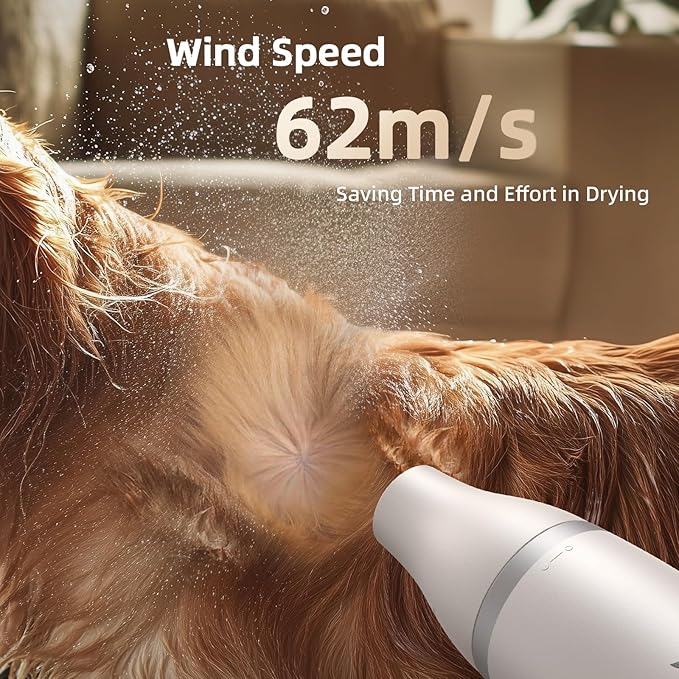 Dog Dryer Handheld Pet Hair Dryer: 3HP High-Velocity Blower with 3 Speeds &amp; 4 Temps Lightweight, Quiet Design. Portable Blow for Travel &amp; Home Grooming. Includes 3 Nozzles (White).
