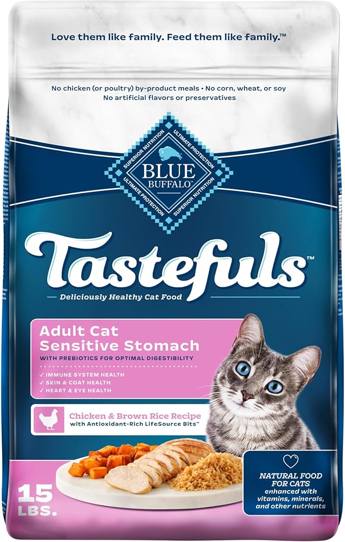Blue Buffalo Tastefuls Natural Dry Food for Adult Cats, Sensitive Stomach, Chicken &amp; Brown Rice Recipe, 15-lb Bag