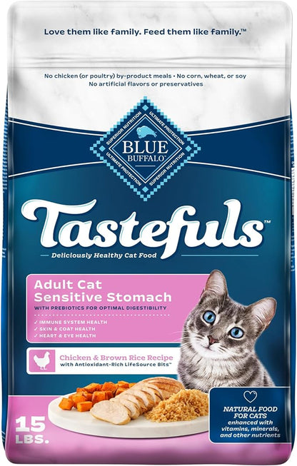 Blue Buffalo Tastefuls Natural Dry Food for Adult Cats, Sensitive Stomach, Chicken &amp; Brown Rice Recipe, 15-lb Bag