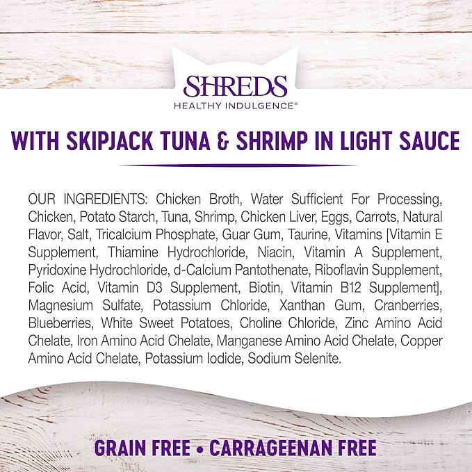 Wellness Healthly Indulgence Shreds Adult Wet Cat Food, Natural, Protein-Rich, Grain Free, 3 Ounce Pouch, 24 Pack, (Tuna &amp; Shrimp)
