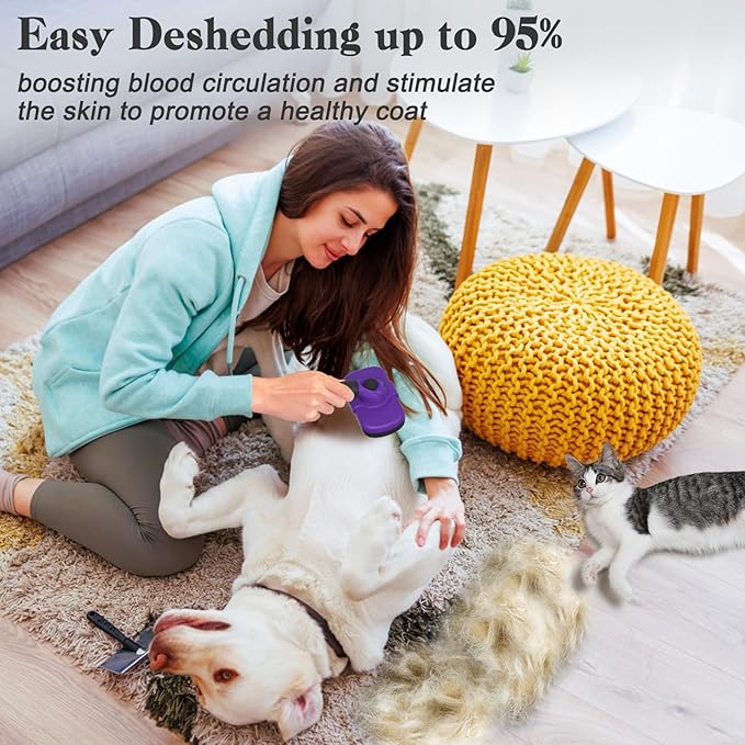 Self Cleaning Cat &amp; Dog Grooming Brush - Skin Friendly Deshedding Hair Brush for Haired Dogs &amp; Puppies, Purple