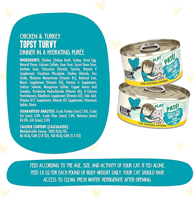 Weruva B.F.F. Play - Best Feline Friend Paté Lovers, Aw Yeah!, Chicken &amp; Turkey Topsy Turvy with Chicken &amp; Turkey, 5.5oz Can (Pack of 8)