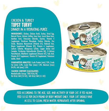 Weruva B.F.F. Play - Best Feline Friend Paté Lovers, Aw Yeah!, Chicken &amp; Turkey Topsy Turvy with Chicken &amp; Turkey, 5.5oz Can (Pack of 8)