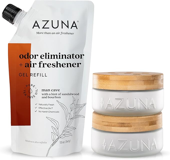 Azuna Air Freshener &amp; Odor Eliminator for Strong Odor | 2 Room Kit Includes (2) Empty Luxe Glass Jar &amp; 12oz Gel Refill with Tea Tree Essential Oil | Sandalwood Scent | Last 60-90 Days