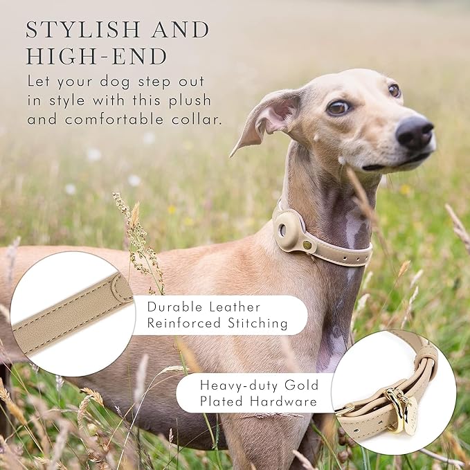 Cupertino Dog Collars, Harnesses &amp; Leashes Made from Vegan Leather with Dog Tracker Device Holder Adjustable Dog Collar (Medium, Beige)