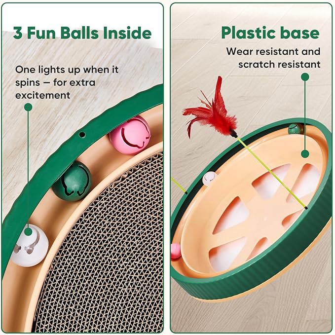 20-Inch Round Cat Scratcher with Ball Track – 3-in-1 Cardboard Scratching Pad with Feather Toy &amp; Non-Slip Base – Interactive Cat Toy for Indoor Cats, Kittens &amp; Large Cats (Green)