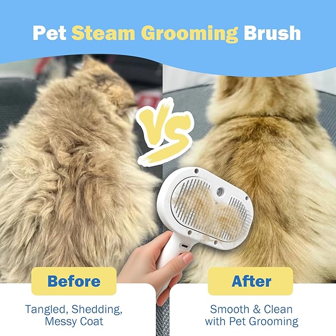 4-in-1 Pet Grooming Steam Brush for Cats &amp; Dogs – Steam Spray, Blue Light, Hair Removal, Self-Cleaning Comb – Includes Pet Waterless Shampoo