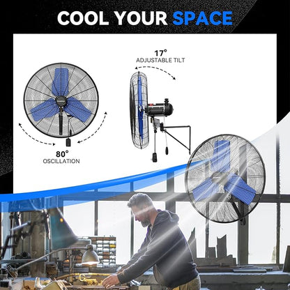 Pro 9500 CFM 24" Outdoor IP44 Waterproof Wall Mount Fan, 3-Speed Oscillating Metal Fans with Enclosure Motor, Heavy Duty Wall Fan for Patio, Warehouse, Garage, and Jobsite