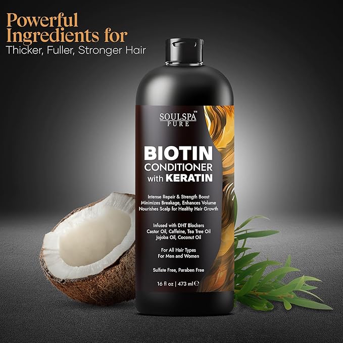 Biotin Conditioner with Keratin - Intense Repair &amp; Strength Boost Formula - Nourishes Scalp for Healthy Hair Growth, with Tea Tree Oil &amp; DHT Blockers, for Men &amp; Women, 16 fl oz - SOULSPA PURE