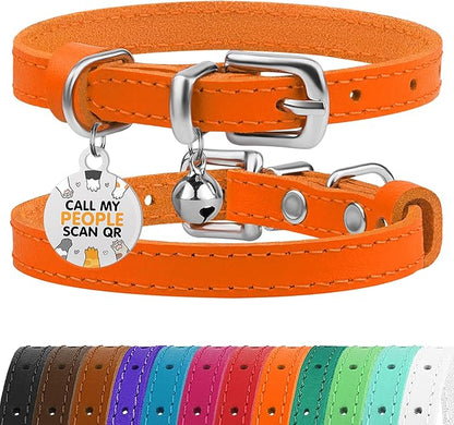 BRONZEDOG Leather Cat Collar with Removable Bells Non Breakaway Kitten QR Tag for Girl Boy (9" - 12" Cats/Mini Dogs, Orange &amp; Silver)