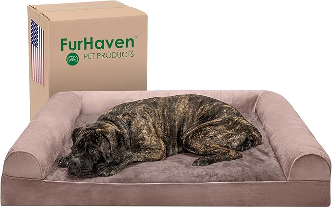 Furhaven Orthopedic Dog Bed for Large Dogs w/ Removable Bolsters &amp; Washable Cover, For Dogs Up to 125 lbs - Faux Fur &amp; Velvet Sofa - Driftwood Brown, Jumbo Plus/XXL