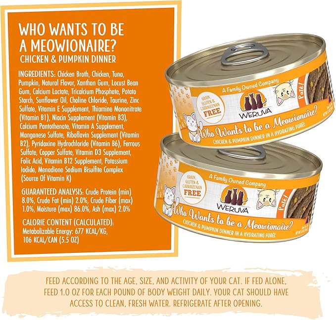 Weruva Classic Cat Paté, Who Wants to be a Meowionaire? with Chicken &amp; Pumpkin, 5.5oz Can (Pack of 8)