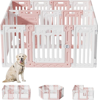 2 Room Dog Playpen with Door,DIY Shape Combination Puppy Pen,16-Panel+2 Link Piece+Large Door+Small Door,25.5" H Dog Fence,Non-Slip&amp;Secure Pet Gate,Easy to Assemble,Pink + White