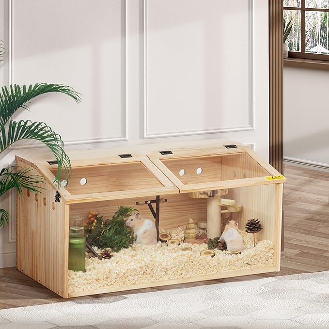 COZIWOW Wooden Hamster Cage, Large Hamster Habitats Enclosure with Acrylic Window &amp; Openable Top, (32" L x 16" W x 16" H) Small Animal Cage for Guinea Pig, Chinchilla, Gerbil