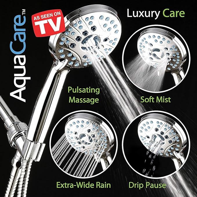 AquaCare High Pressure 8-mode Handheld Shower Head - Anti-clog Nozzles, Built-in Power Wash to Clean Tub, Tile &amp; Pets, Extra Long 6 ft. Stainless Steel Hose, Wall &amp; Overhead Brackets