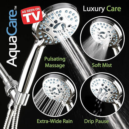 AquaCare High Pressure 8-mode Handheld Shower Head - Anti-clog Nozzles, Built-in Power Wash to Clean Tub, Tile &amp; Pets, Extra Long 6 ft. Stainless Steel Hose, Wall &amp; Overhead Brackets