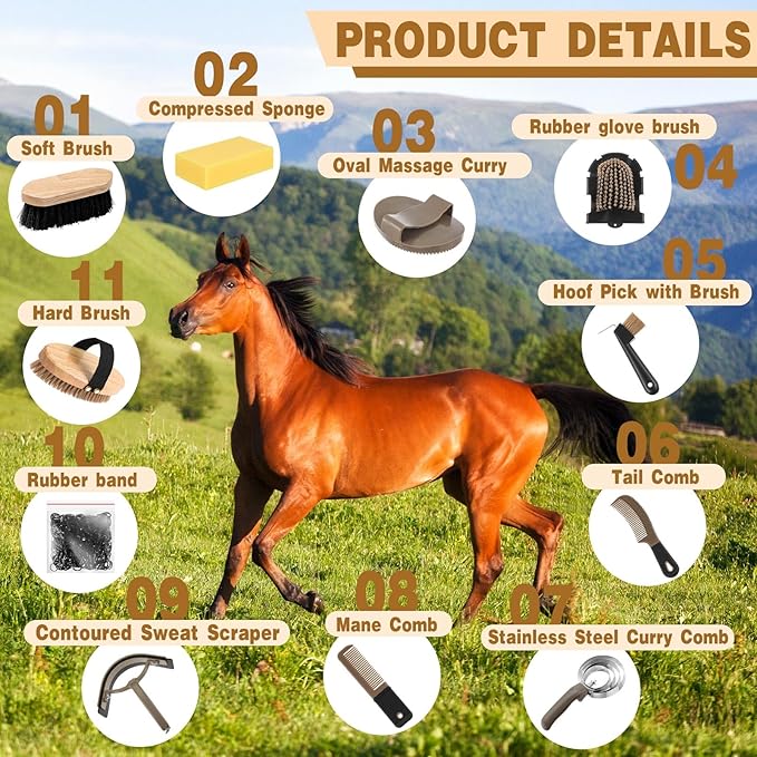 Abbylike 12 Pieces Horse Grooming Kit Racing Festival Tack Room Supplies Horse Brush Sets Equine Care Cleaning Kit Shedding Grooming Massaging Tools(Dark Gray)
