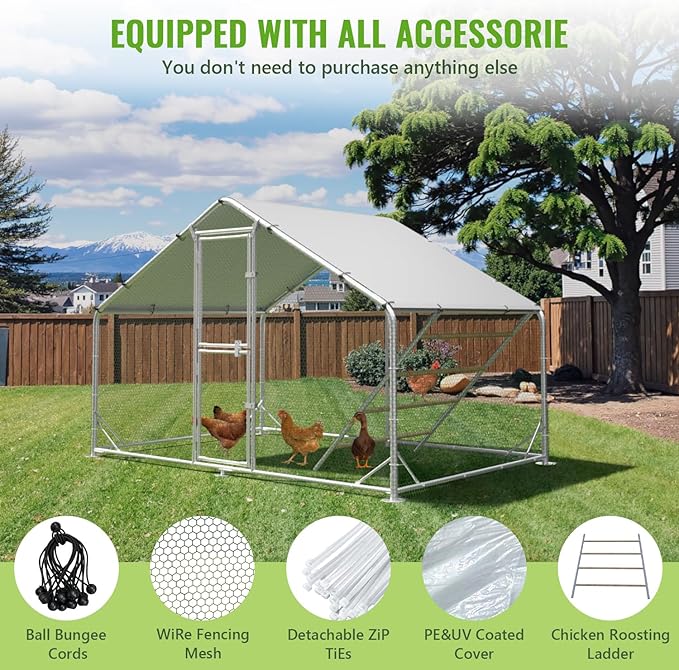 Large Metal Chicken Coop, 10x6.5x6.5FT Chicken Runs for Yard with Cover,