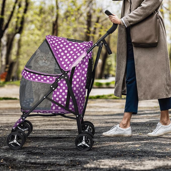 MoNiBloom 4 Wheels Pet Stroller, Easy-Fold Umbrella Shaped Dog Cat Jogger Stroller w/Storage Bag &amp; Visible Mesh for Small/Medium Dogs Cats Purple Polka Dots