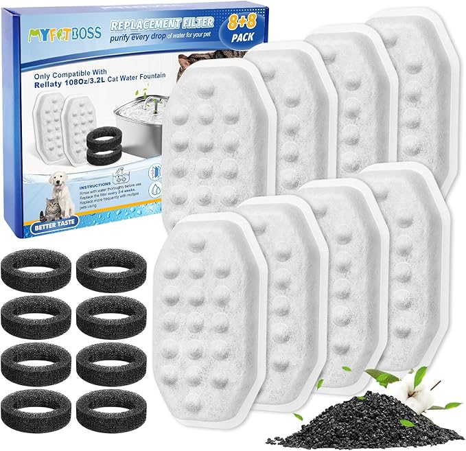 Pet Water Fountain Filters Compatible with Rellaty &amp; Fit for Neareal 108oz/3.2L Automatic Dog Water Dispenser, Cat Filters for Bowl, 8+8 Pack