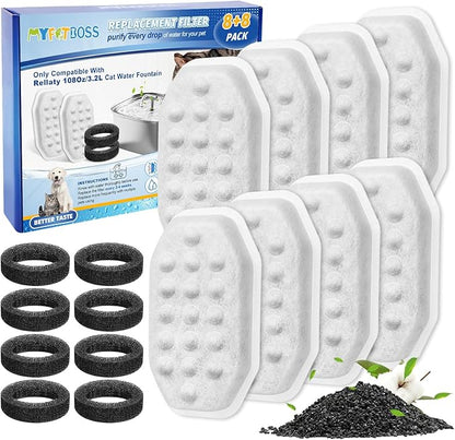 Pet Water Fountain Filters Compatible with Rellaty &amp; Fit for Neareal 108oz/3.2L Automatic Dog Water Dispenser, Cat Filters for Bowl, 8+8 Pack
