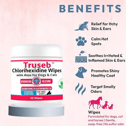 Truseb Topical Ketoconazole and Chlorhexidine Wipes for Dogs, Cats and Horses - with Aloe for Cleansing - 50 Count (Ketoconazole &amp; Chlorhexidine Wipes, 50 Count)