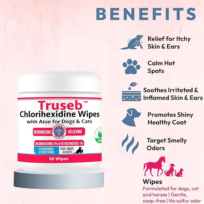 Truseb Topical for Dogs, Cats and Horses - with Aloe for Cleansing (Ketoconazole &amp; Chlorhexidine Wipes, 100 Count)