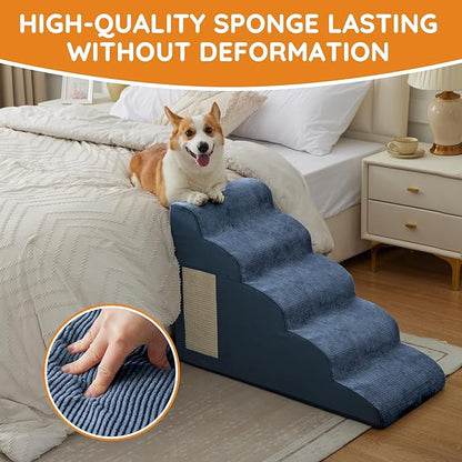 Navy Portable Pet Steps - 4-Step Dog &amp; Cat Ramp for Bed, Couch, Sofa &amp; Chairs - Non-Slip, High Density Foam